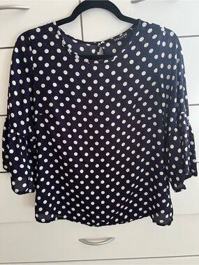 Navy Blue Polka Dot Blouse - White Dot Pattern